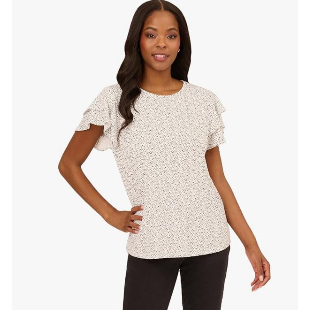 Adrianna Papell Cream Printed Flutter Sleeve Blouse